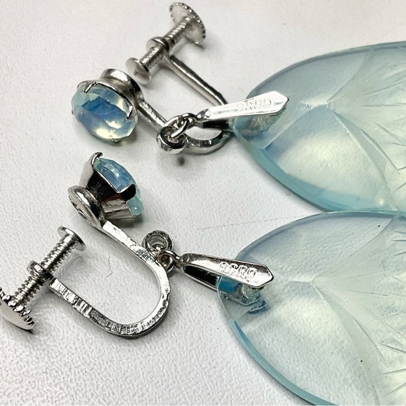 Art Deco Sterling Opaline Glass Earrings Japan Carved Scene - Picture 6 of 10